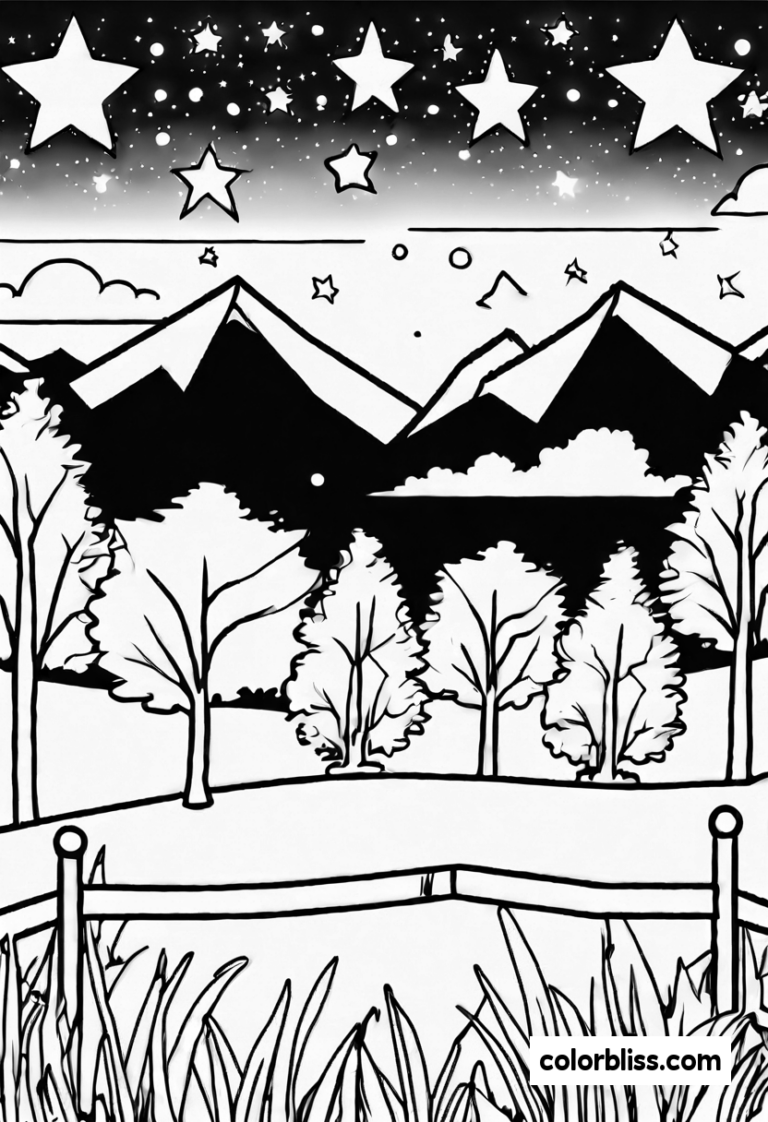 A coloring page of Starry Night Over Mountains Coloring Page