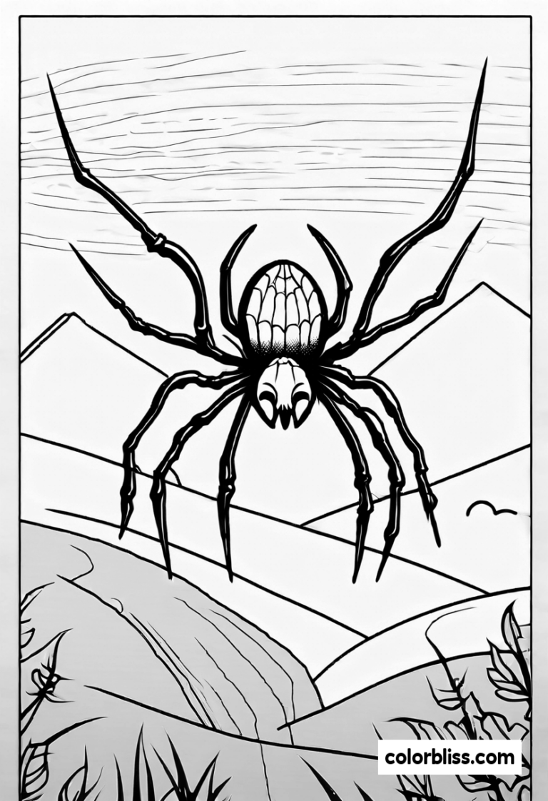 A coloring page of Spider in the Mountains Coloring Page