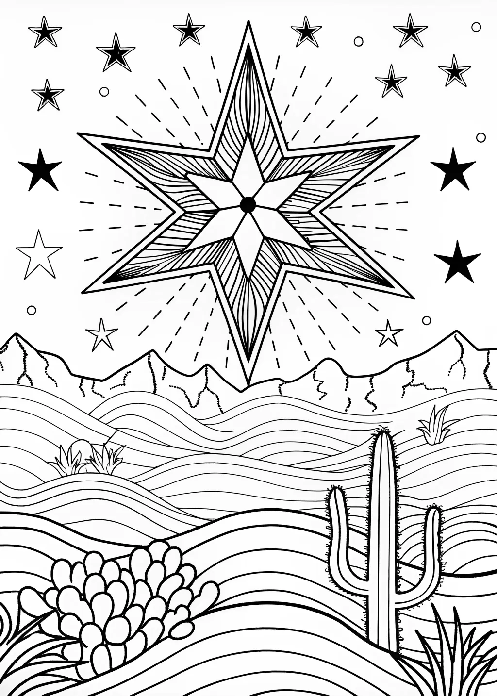 Desert Sun and Starry Night Coloring Page