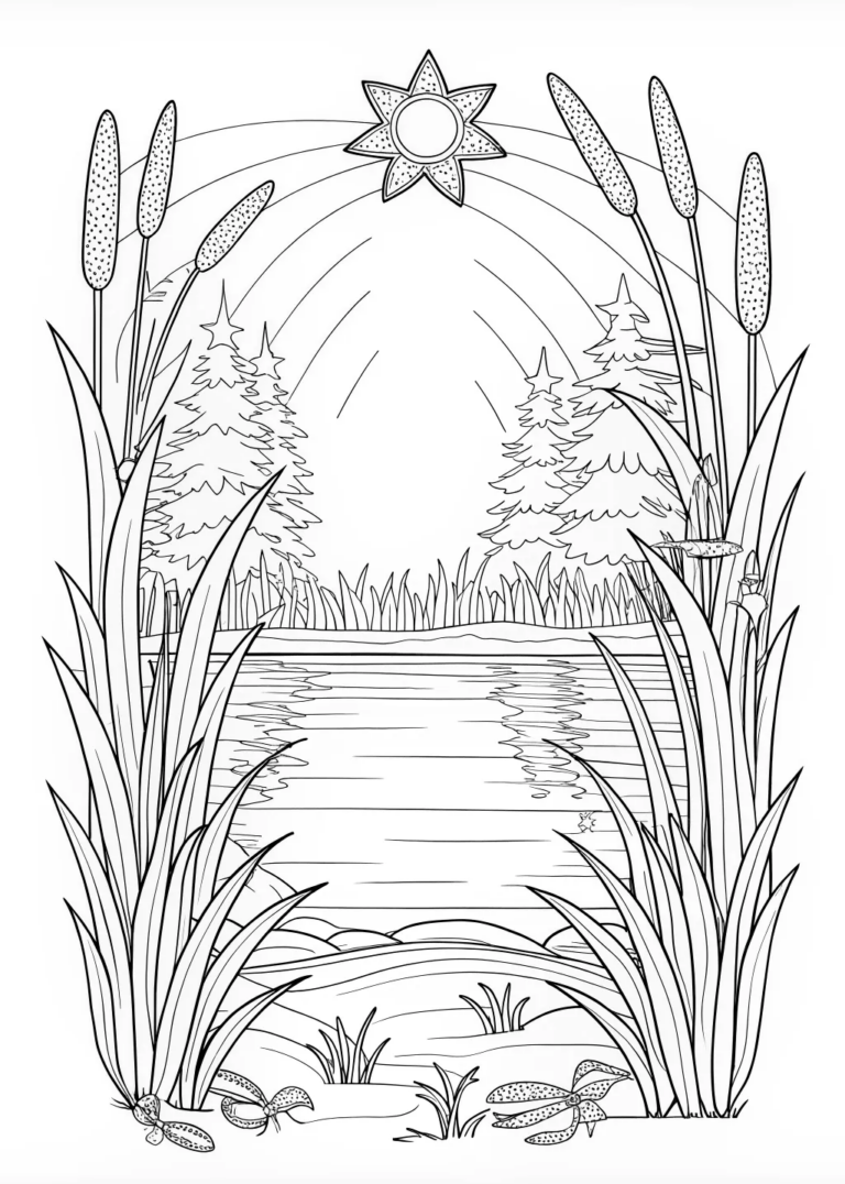 A coloring page of Starry Night Over Serene Lake