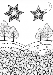A coloring page of Mountains Under Starry Sky Coloring Page