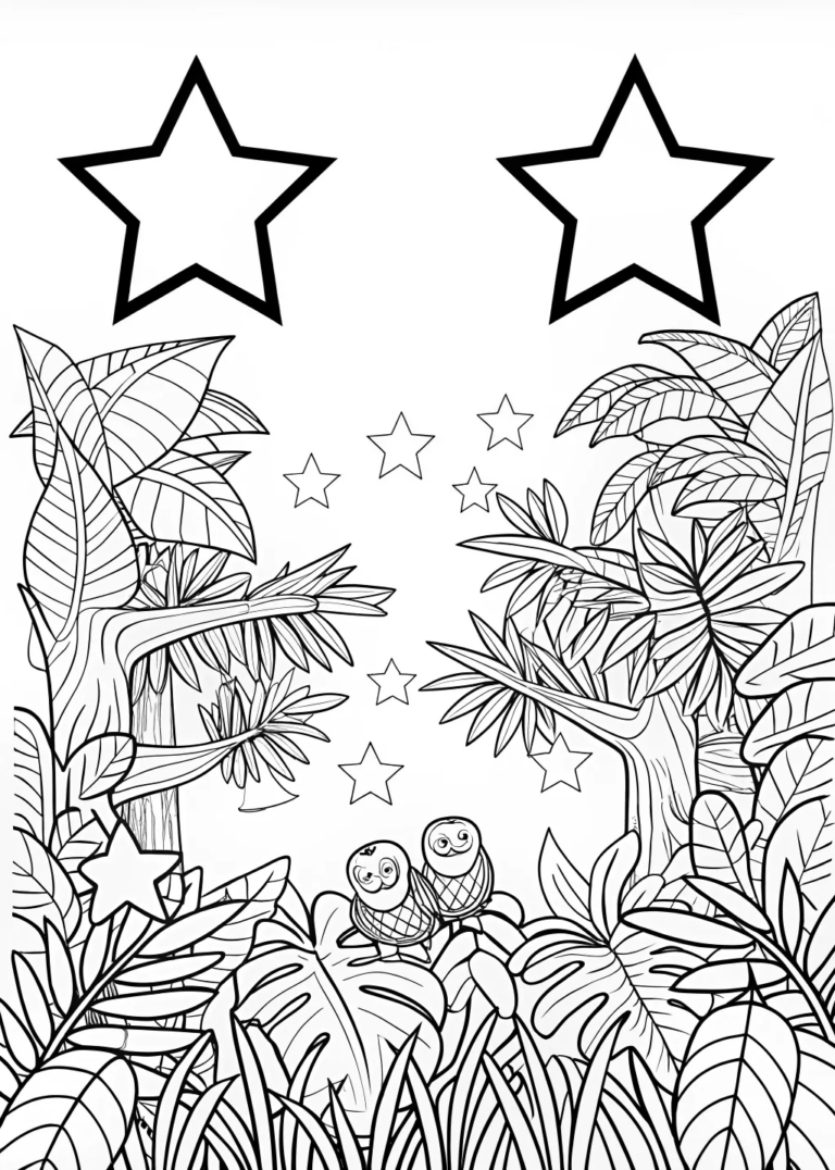 A coloring page of Mountain Stars Under the Tropical Night Sky