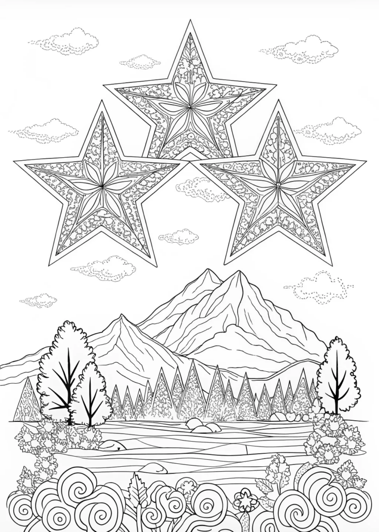 A coloring page of Starlit Mountain Landscape Coloring Page