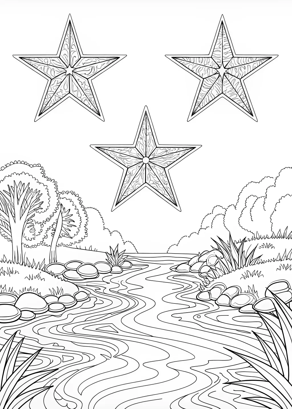 Mountain Stream and Starry Reflection Coloring Page