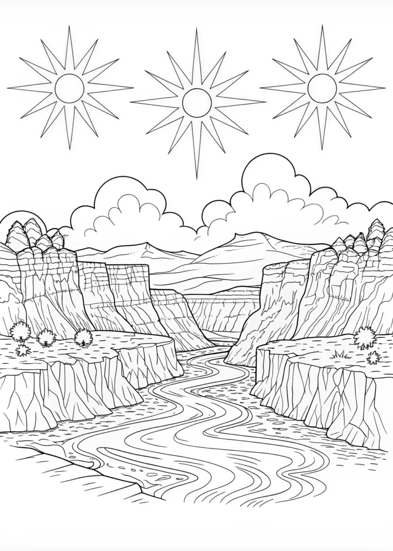 A coloring page of Canyon Dreams Under a Starry Sky