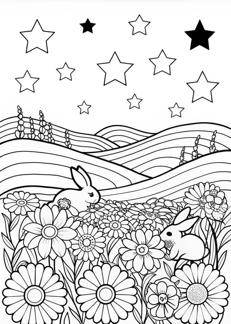 A coloring page of Starry Sunrise in the Countryside