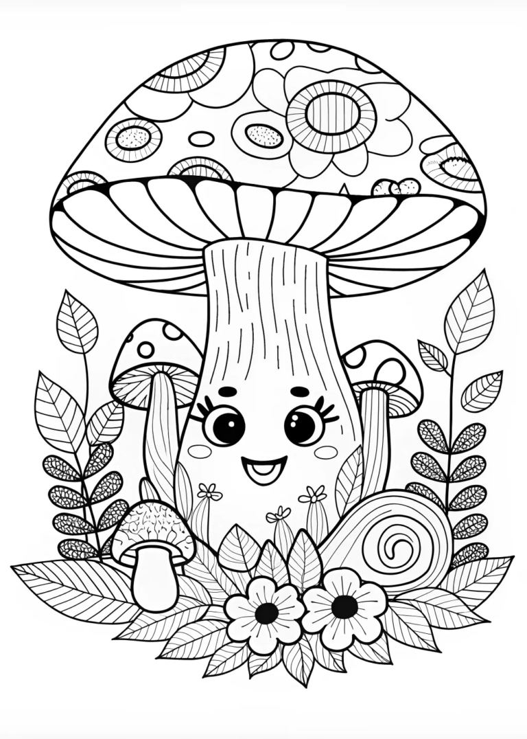 A coloring page of Whimsical Mushrooms in the Forest