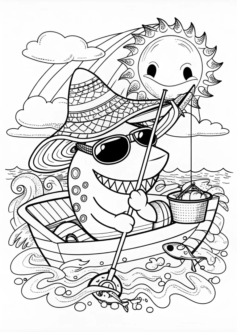 A coloring page of Sharky the Shark in the Ocean Adventure