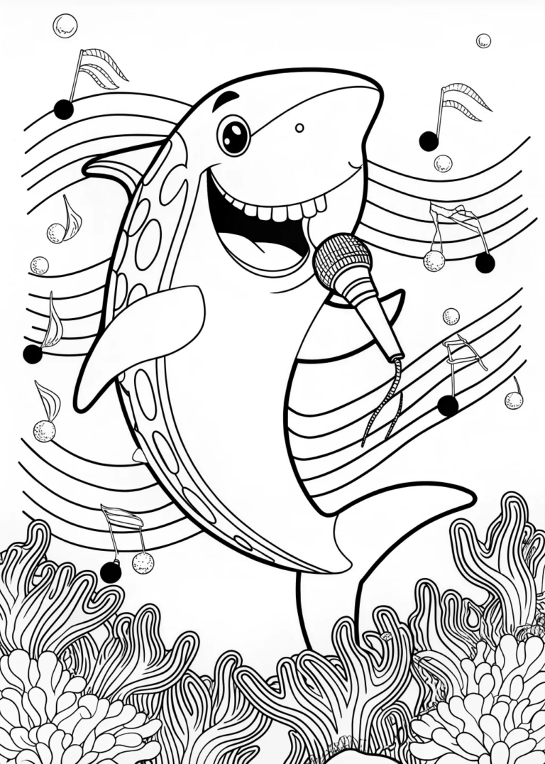 A coloring page of Happy Shark Adventure