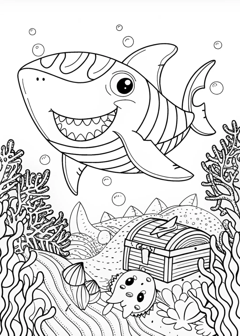 A coloring page of A cartoon shark