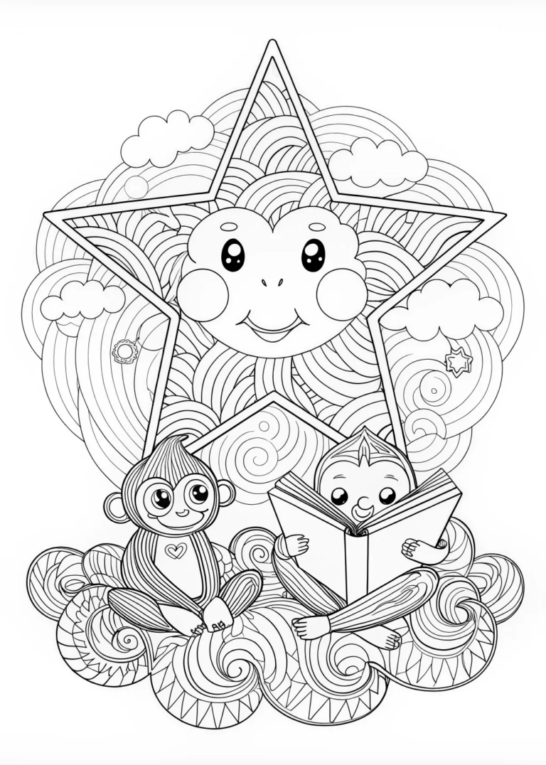 A coloring page of Max the Monkey Reading Under the Stars