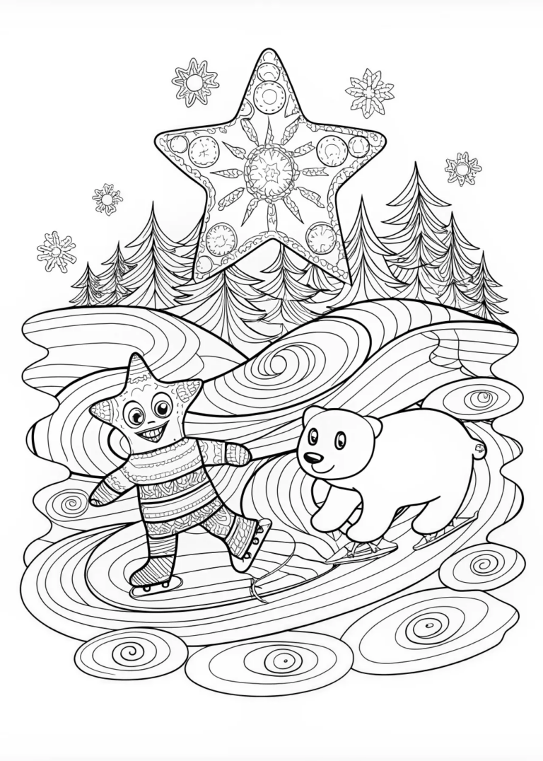 A coloring page of Ice Skating Bear Under the Night Sky