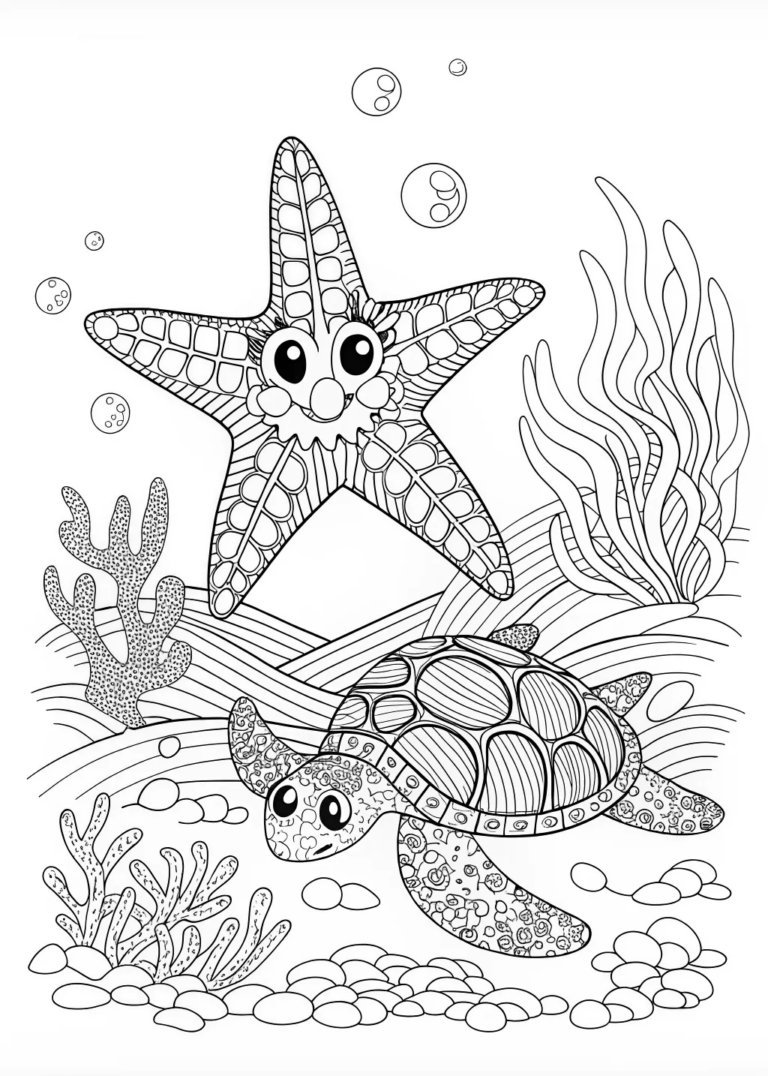 A coloring page of Starry Night Fishing Adventure with Turtle