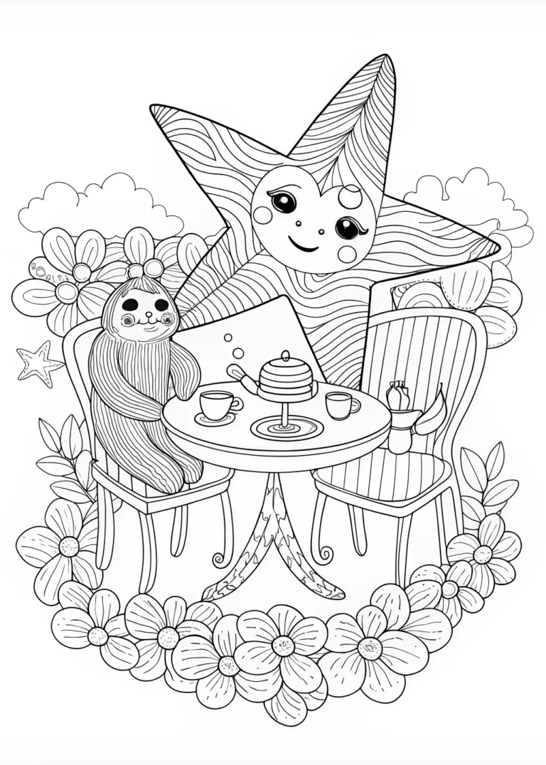 A coloring page of Sloth’s Magical Tea Party Adventure