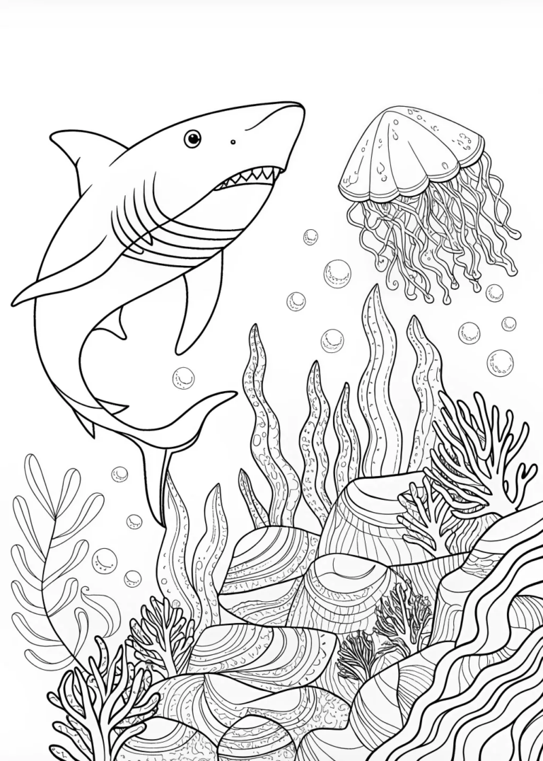 A coloring page of Shark Swimming Adventures