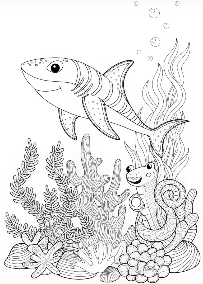 A coloring page of Sharks Exploring the Underwater World