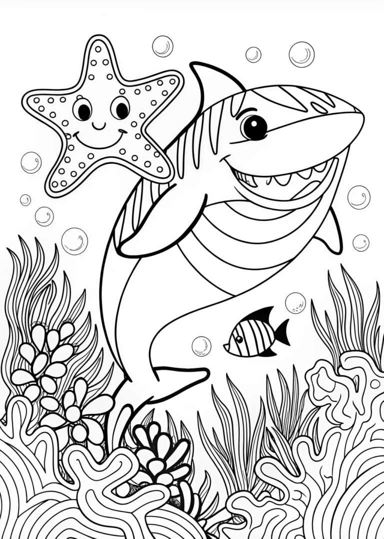 A coloring page of Shark’s Underwater Adventure