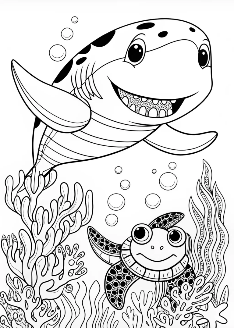 A coloring page of Ocean Adventure with Sharks and Turtles