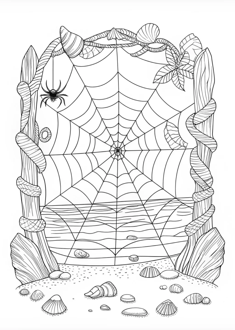 A coloring page of Giant Spider on Its Web Coloring Page