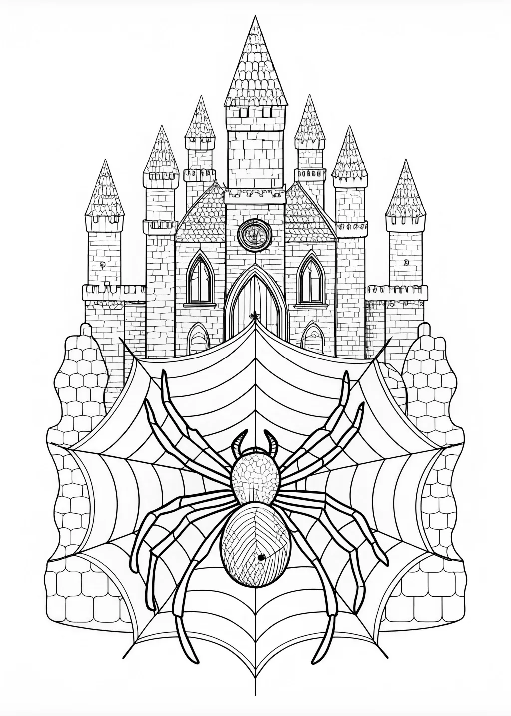 Castle and Spider Web Adventure Coloring Page