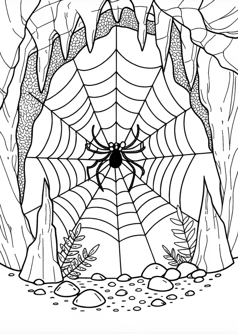 A coloring page of Spider in a Web Coloring Page