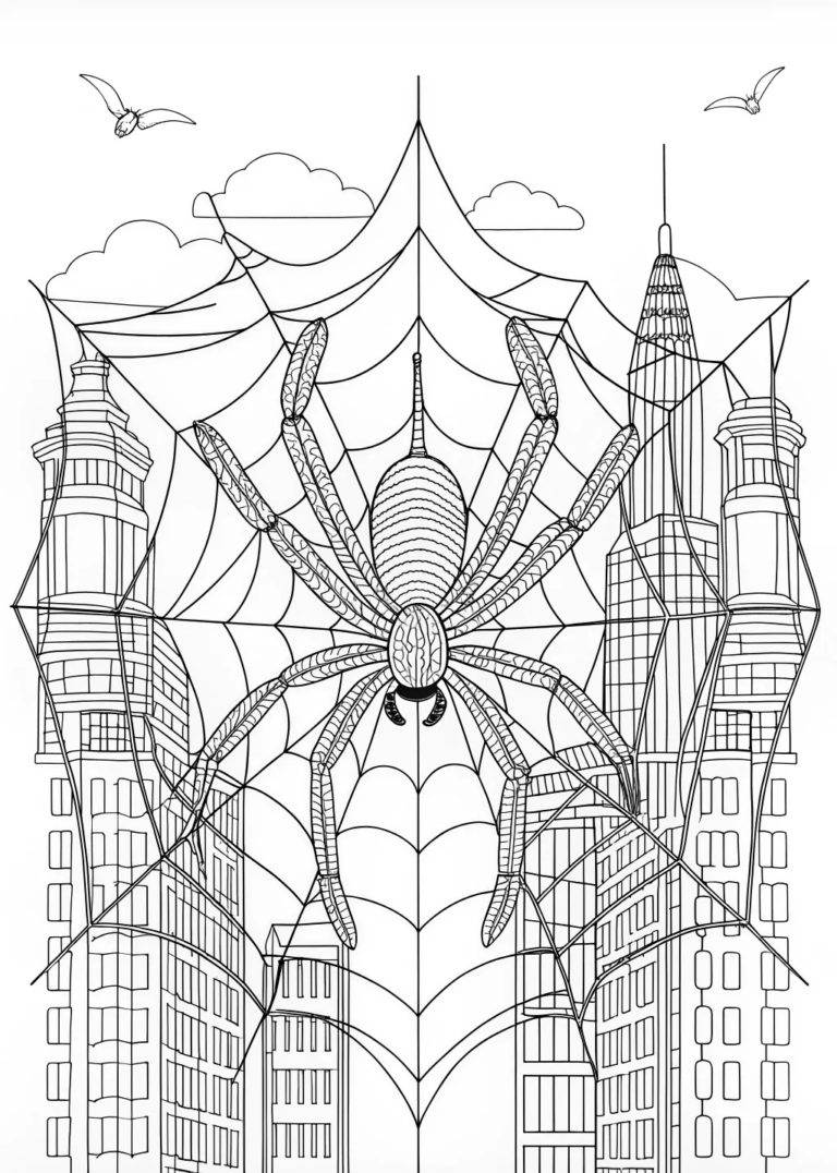 A coloring page of Giant Spider Over the City Coloring Page