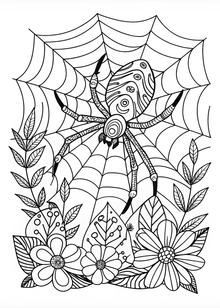 A coloring page of Spider in a Web at Twilight