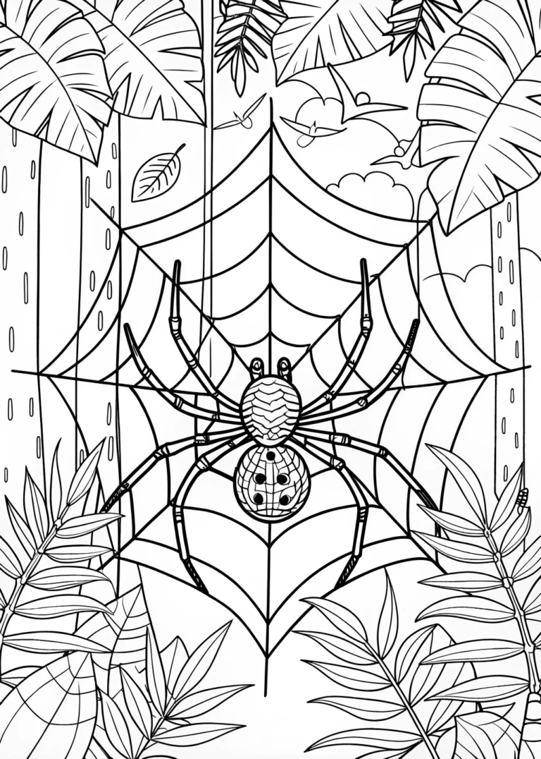 A coloring page of Spider in the Jungle Web Coloring Page