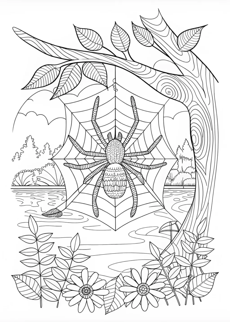 A coloring page of Spider on a Web by the Lake