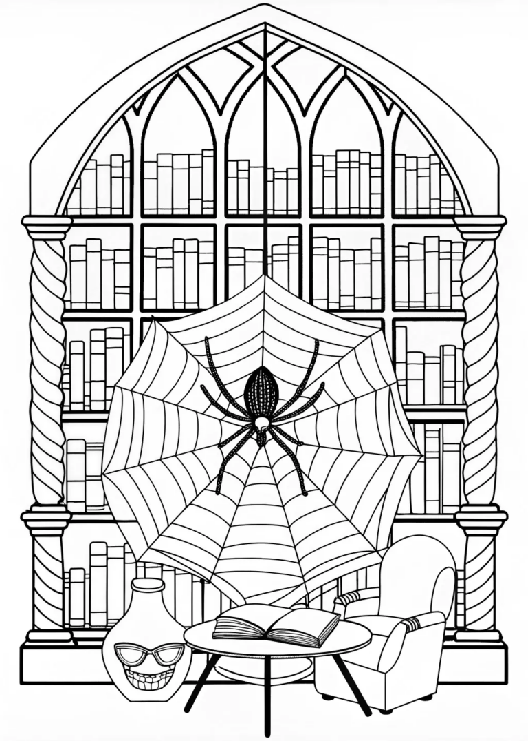 A coloring page of Spider on Web Coloring Page