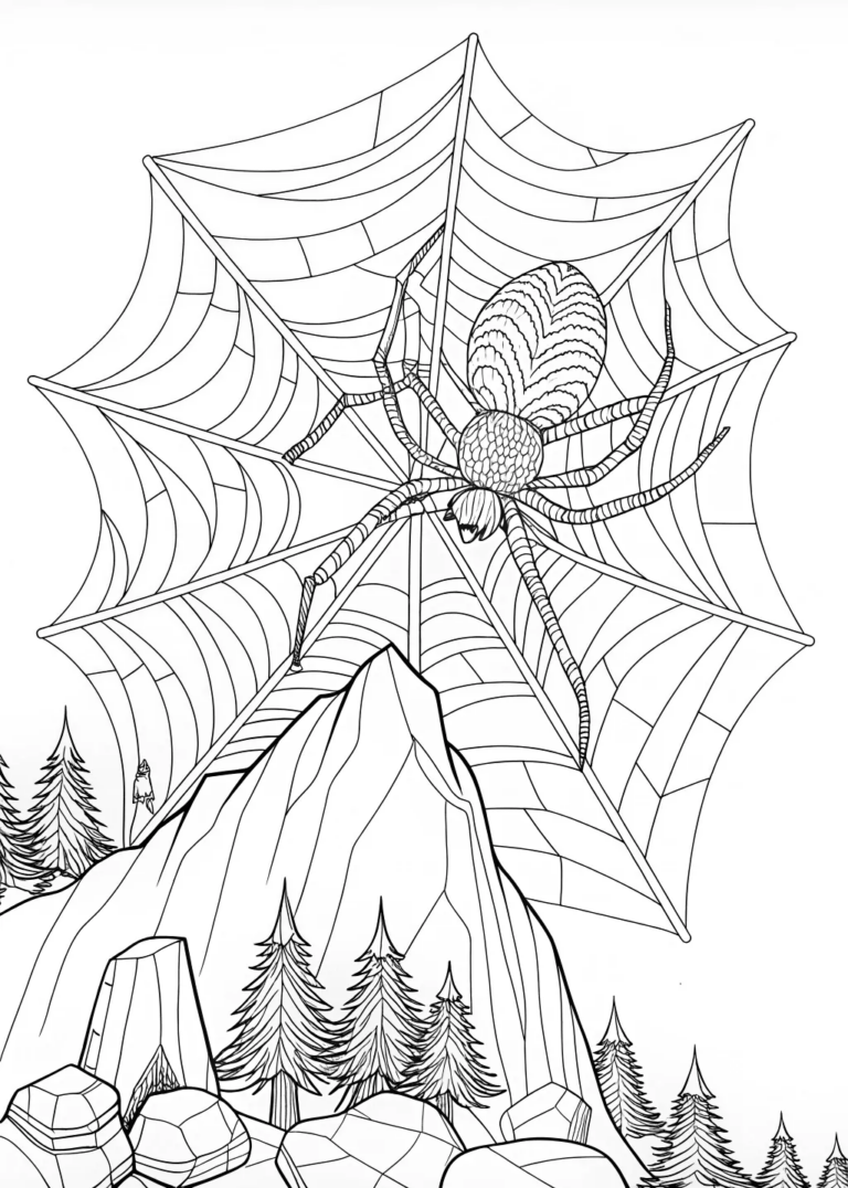 A coloring page of Spider in the Forest Web: A Mountainous Coloring Adventure