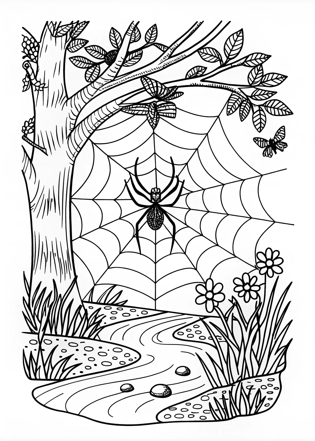 Spider by the River in the Mountains Coloring Page