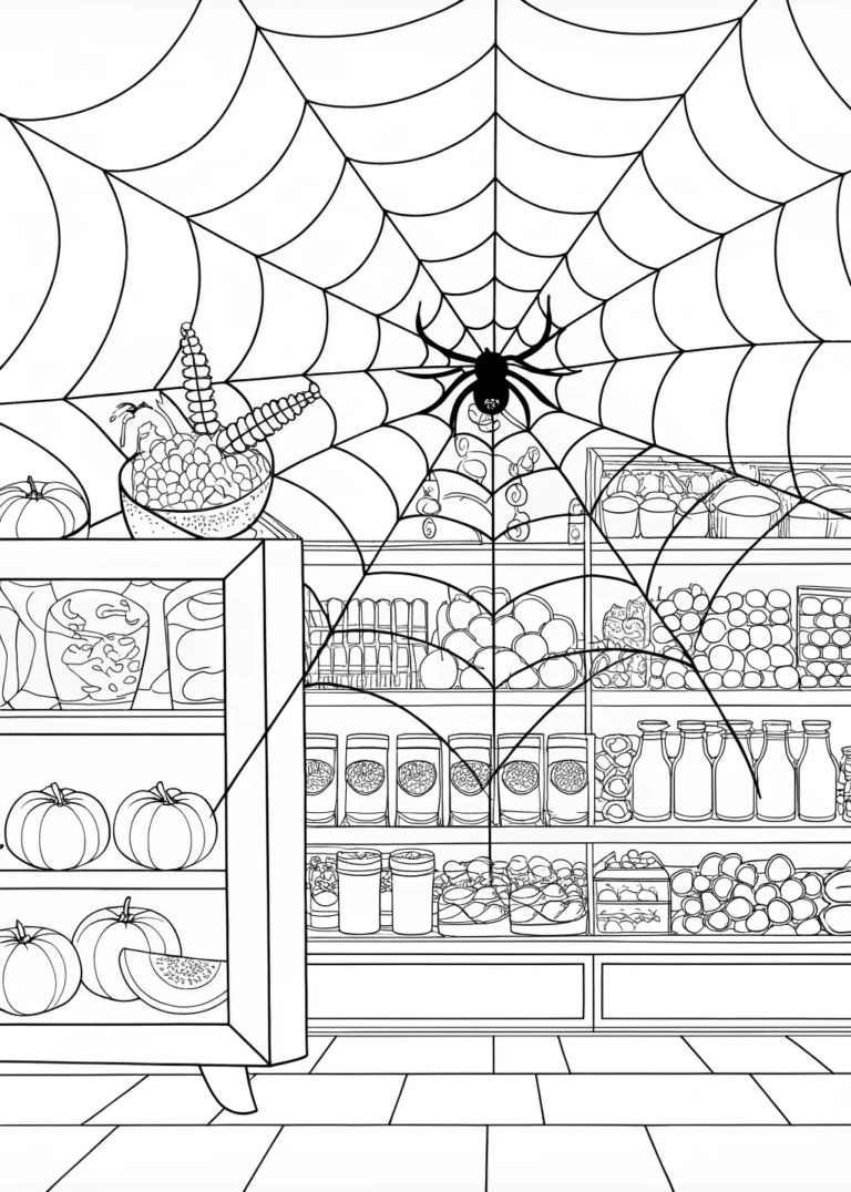 A coloring page of Spider’s Grocery Adventure