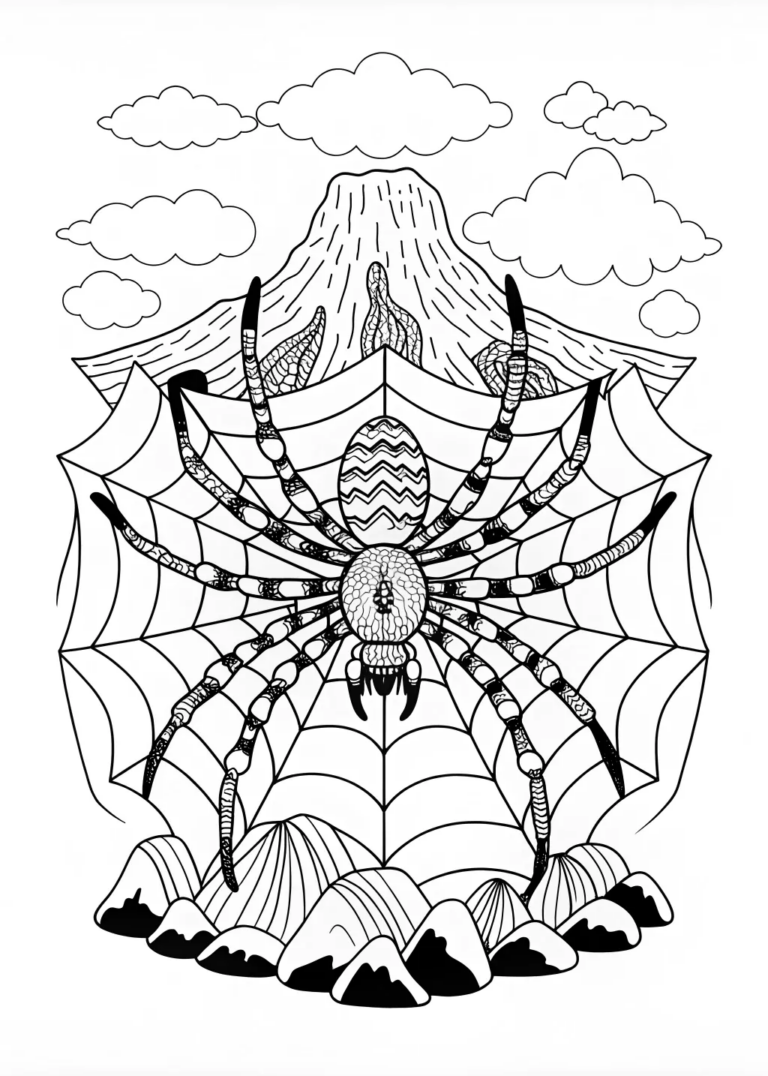 A coloring page of Spider on a Web in Nature