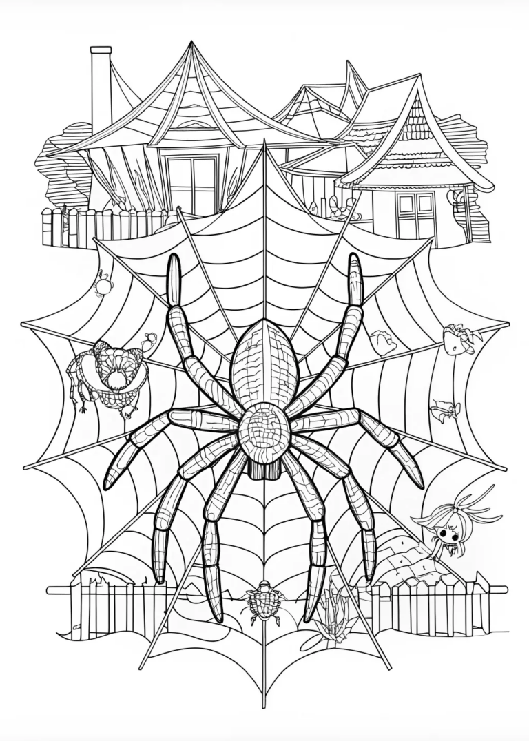 A coloring page of Spider in a Web at a Zoo