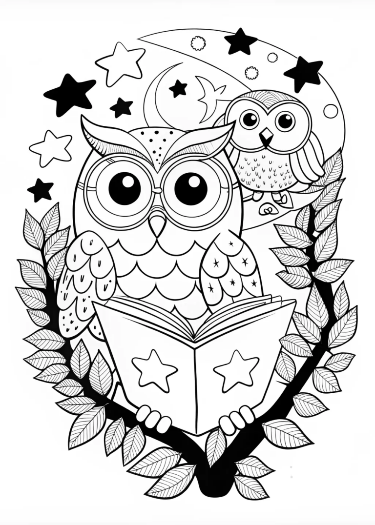 A coloring page of Night Owl in the Starry Mountains Coloring Page