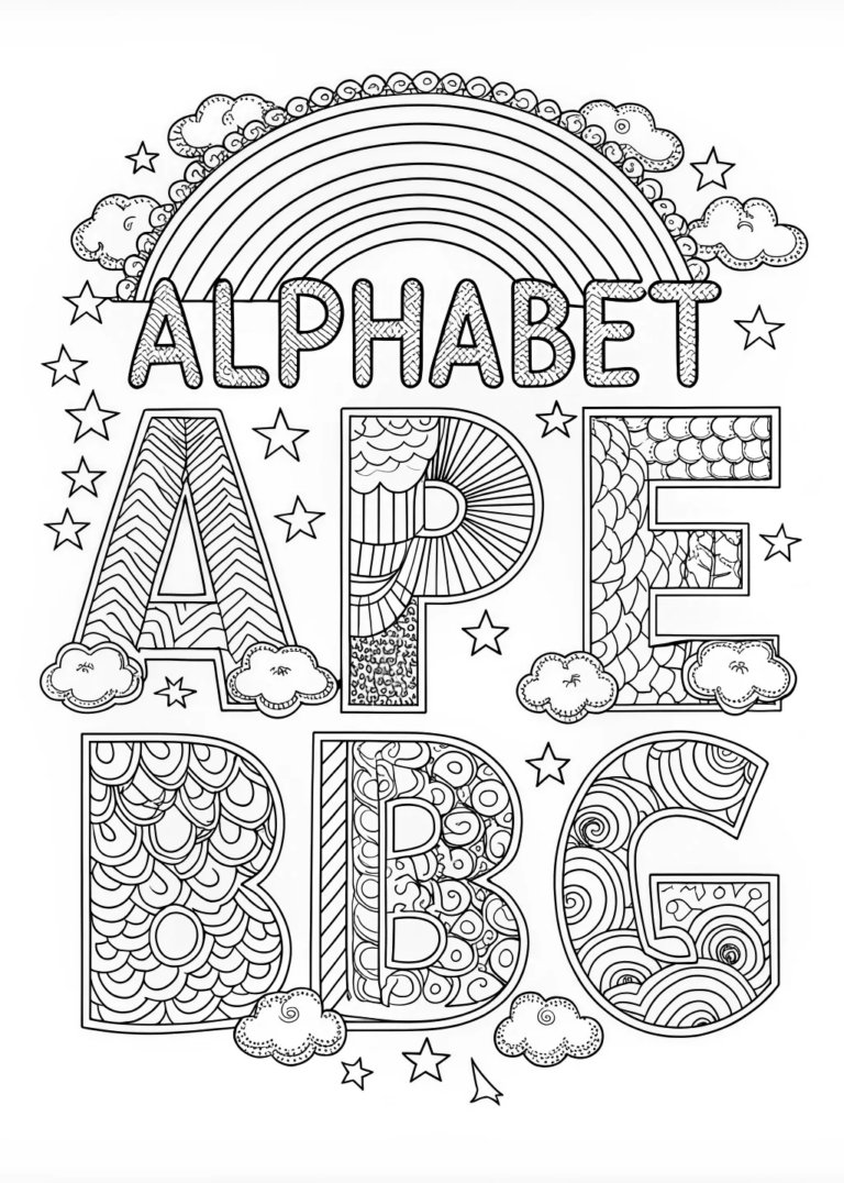 A coloring page of ABC Coloring Page with Rainbows and Stars