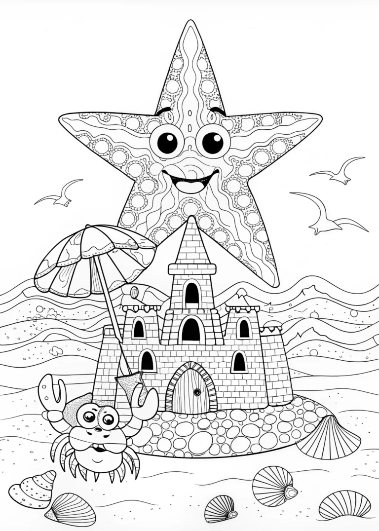 A coloring page of Castle on the Beach with Crabs