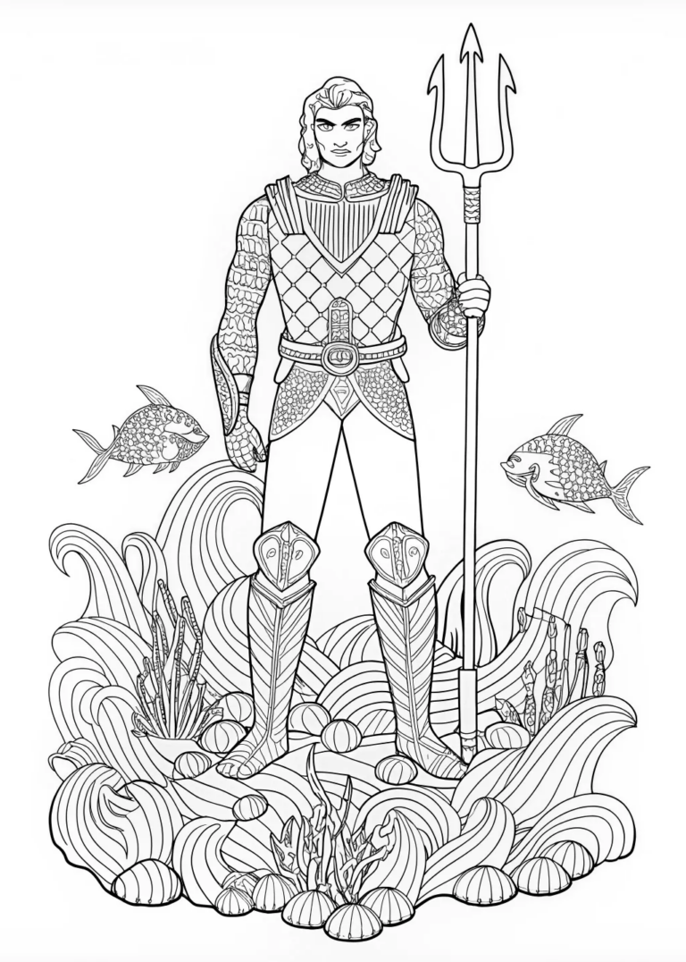 A coloring page of Aquaman Stands Strong by the Ocean