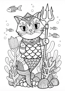 A coloring page of Regal Cat by the Serene Lake