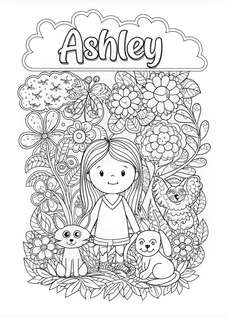 A coloring page of Ashley’s Animal Friends Coloring Page