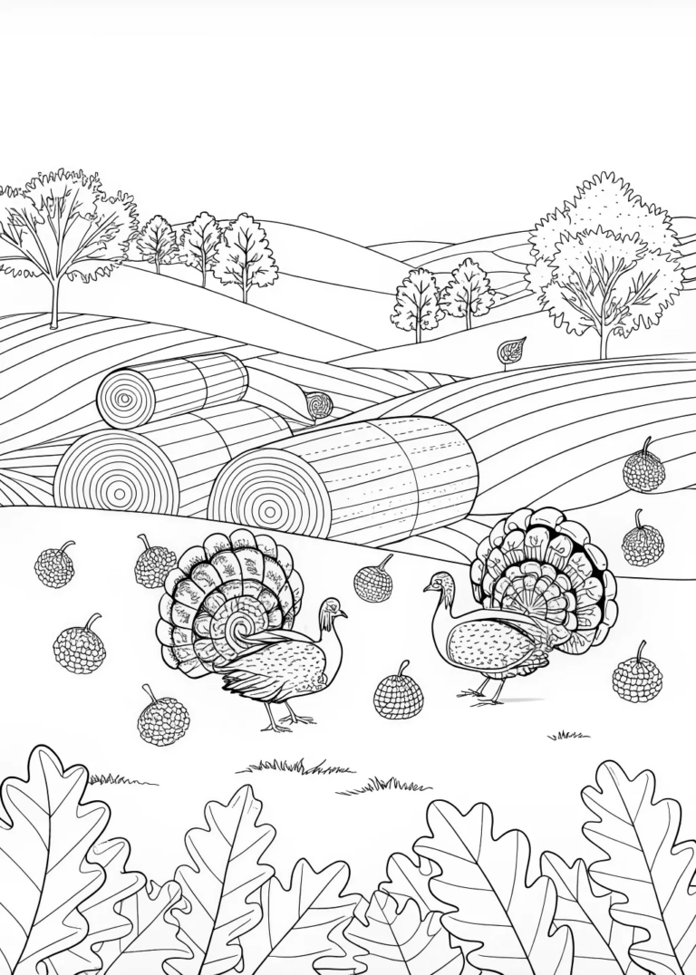 A coloring page of “Autumn Fields with Turkeys”