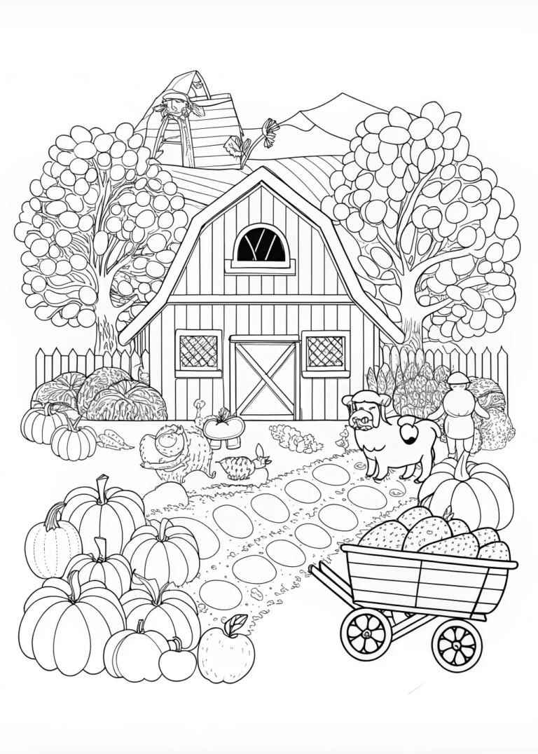 A coloring page of Autumn on the Farm Coloring Page