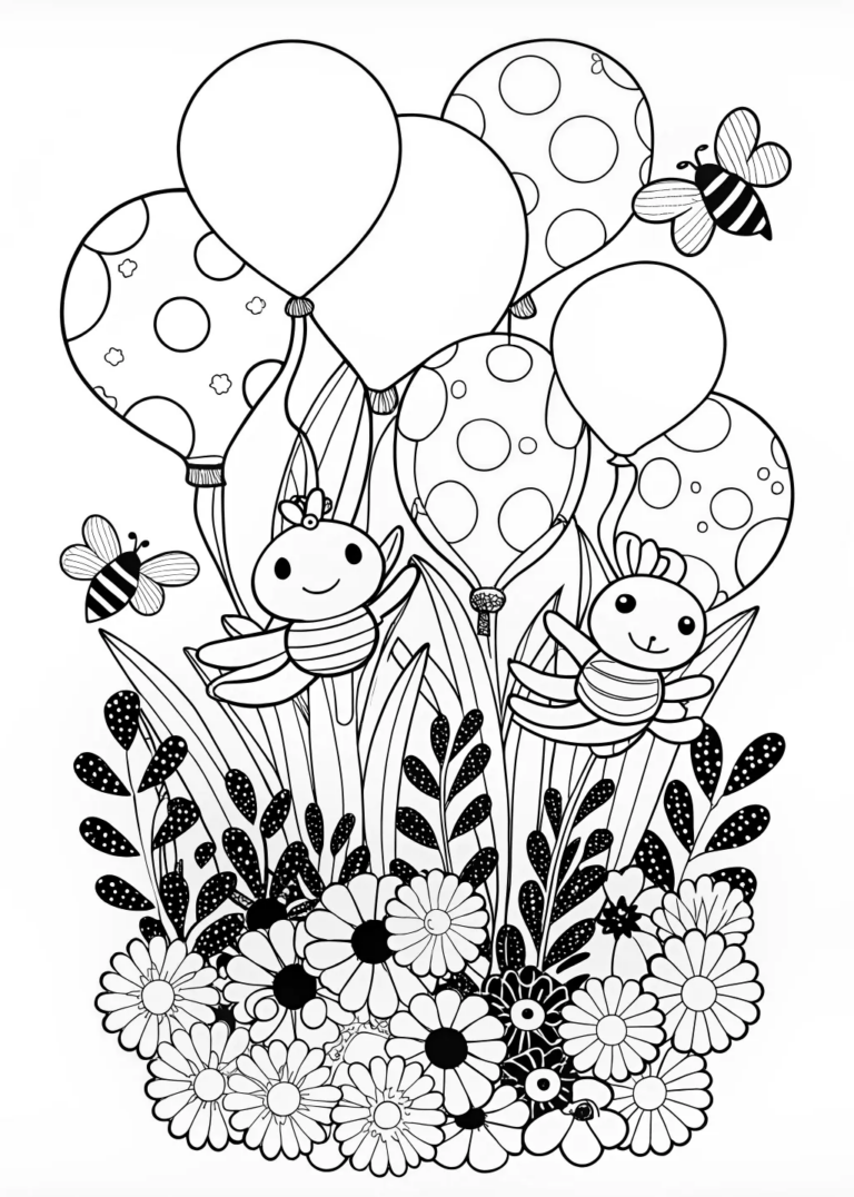 A coloring page of Axolotl’s Balloon Adventure in the Garden