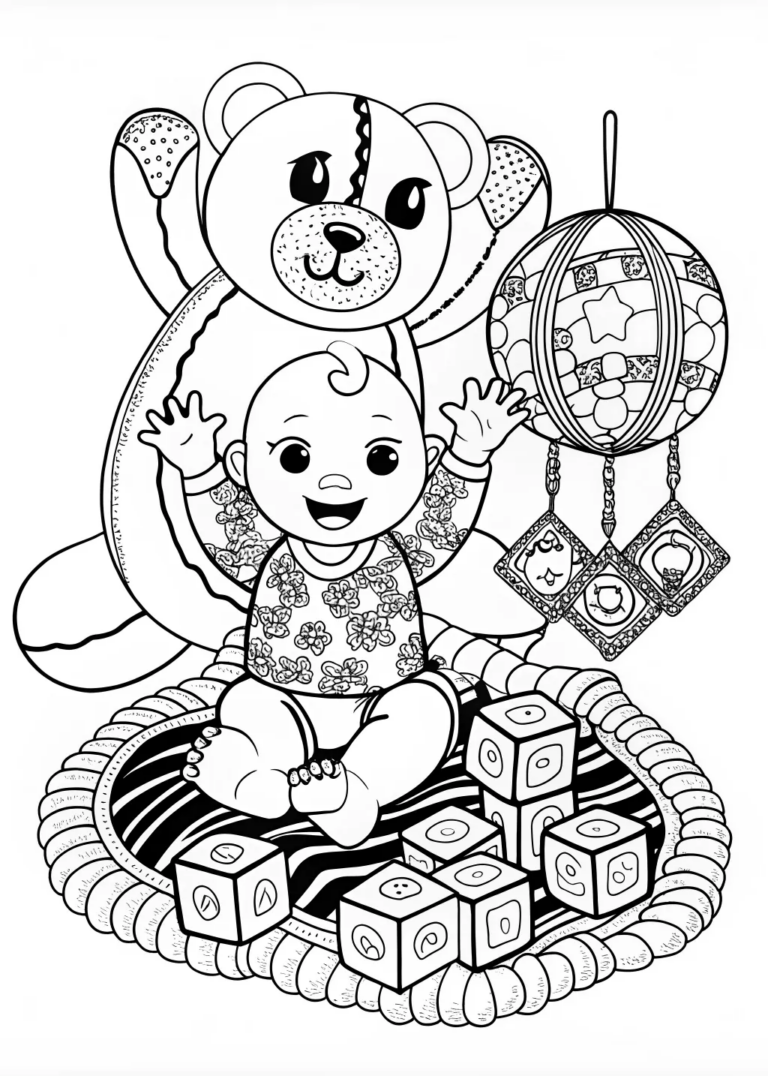 A coloring page of Baby Playing with Building Blocks Coloring Page