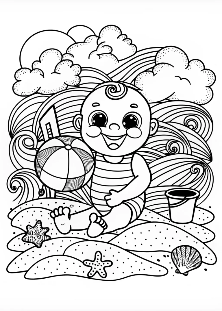 A coloring page of Baby Playing with a Beach Ball