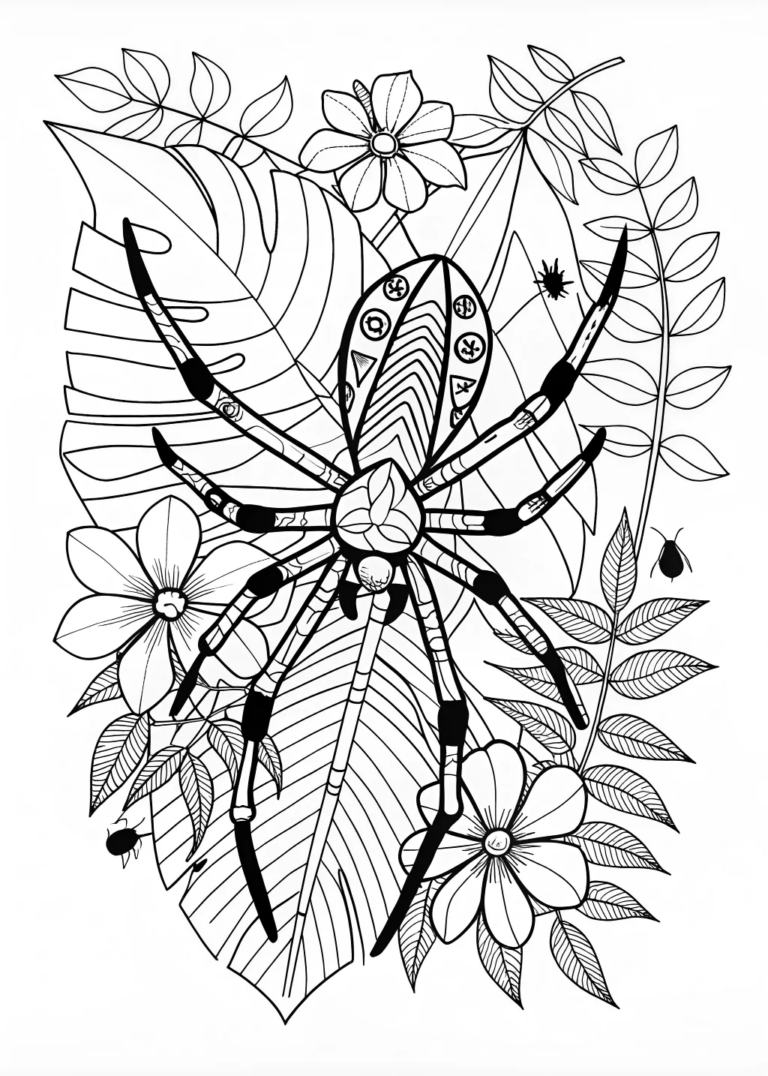 A coloring page of Giant Jungle Spider Coloring Adventure