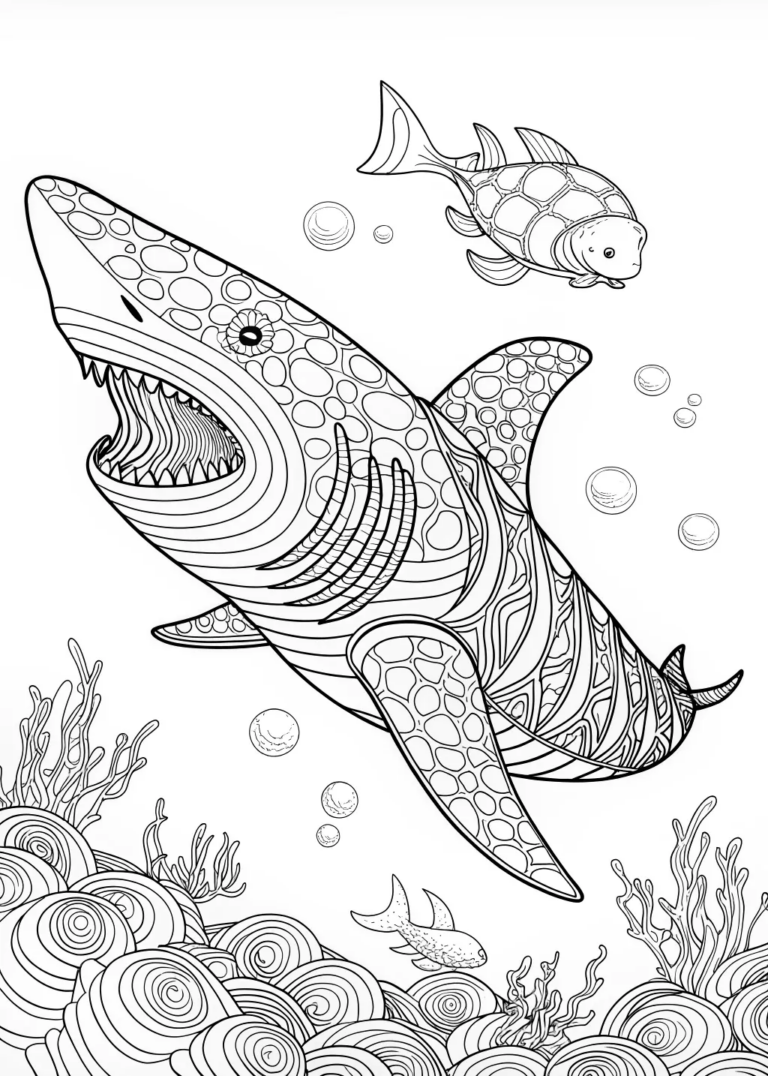 A coloring page of Great White Shark Ocean Adventure