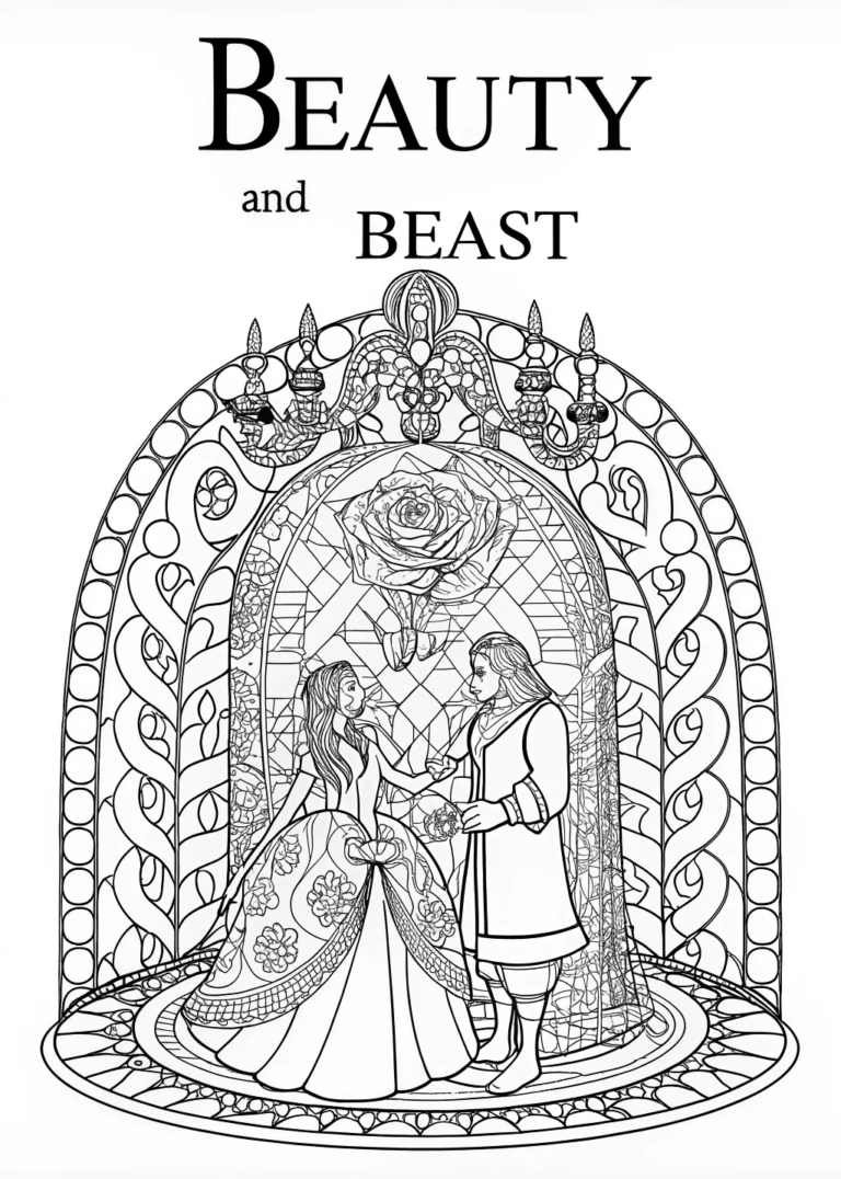 A coloring page of Belle and Beast’s Enchanted Dance