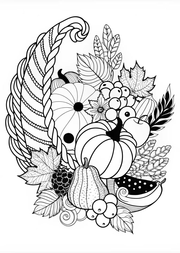 A coloring page of Bountiful Harvest Cornucopia Coloring Page